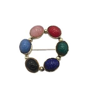 Scarab Brooch Vintage Multi-Color  – Gold-Tone Egyptian Revival Pin